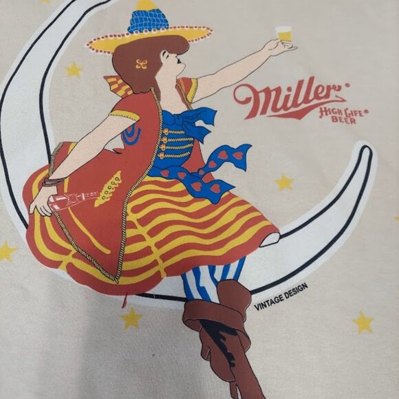 teeluv Other - Miller High Life Girl In Moon Print Mens S Graphic T-Shirt Cream Vintage NEW